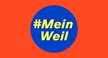 Blauer Kreis auf rotem Hintergrund. Darin steht #meinWeil